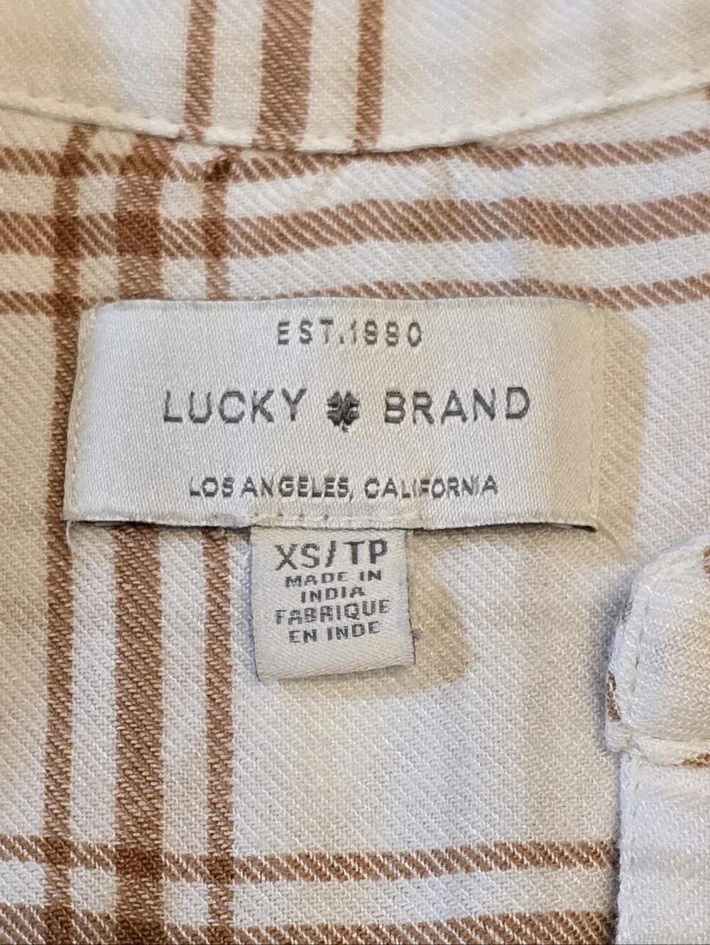 Lucky Brand Plaid Button Down Flannel Shirt Cream Brown XS - Picture 2 of 6